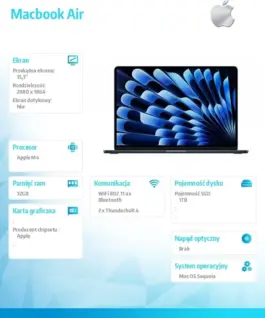 Alternative view of Apple MacBook Air 15.3: M4/10C/10C /32GB/1TB/70W/US Midnight