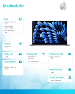 Alternative view of Apple MacBook Air 15.3: M4/10C/10C /32GB/1TB/70W/US Midnight