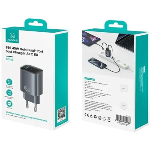 Alternative view of USAMS зарядно T66 45W CC290 GaN Fast charge silver
