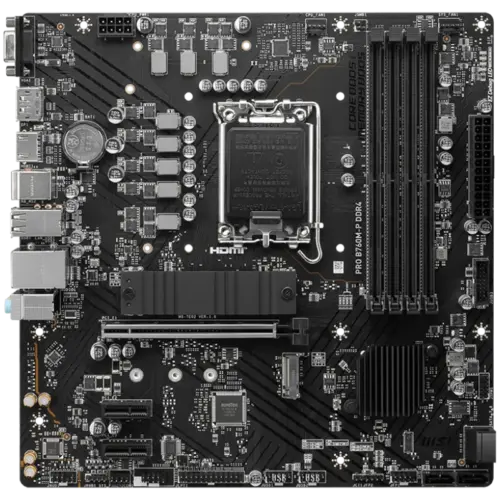 Alternative view of Дънна платка MSI PRO B760M-P DDR4, mATX, Socket 1700, Dual Channel DDR4 4800(OC)MHz, 1x PCIe x16 slots, 2x M.2 slots, 1x HDMI, 1x DP, 1x VGA, 1x USB 3.2 Gen 2 Type-C, 1x USB 3.2 Gen 1, 4x USB 2.0, 7.1 HD Audio, 1Gbps LAN, 3Y