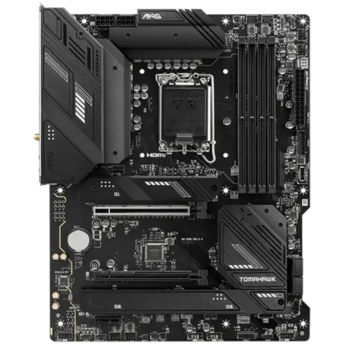 Alternative view of Дънна платка MSI MAG B760 TOMAHAWK WIFI, ATX, Socket 1700, Dual Channel DDR5 7000+(OC)MHz, 2x PCIe x16 slots, 3x M.2 slots, 1x HDMI, 1x DP, 1x USB 3.2 Gen 2x2 Type-C, 4x USB 3.2 Gen 2, 4x USB 2.0, 7.1 HD Audio, 2.5Gbps LAN, WI-FI 6E, BT, 3Y