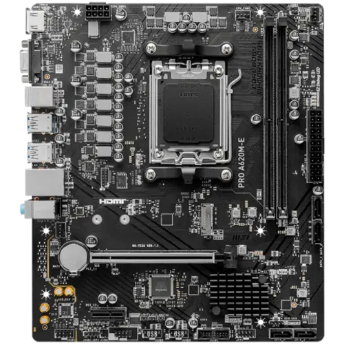 Alternative view of Дънна платка MSI PRO A620M-E, mATX, Socket AM5, Dual Channel DDR5 6800+MHz, 1x PCIe x16 slot, 1x M.2 slot, 1x HDMI, 1x VGA, 2x USB 3.2 Gen 1, 4x USB 2.0, 7.1 HD Audio, Realtek RTL8111H Gigabit LAN, 3Y