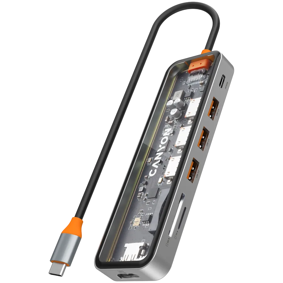 USB хъб CANYON hub DS-13 7in1 4k USB-C Transparent Space Grey