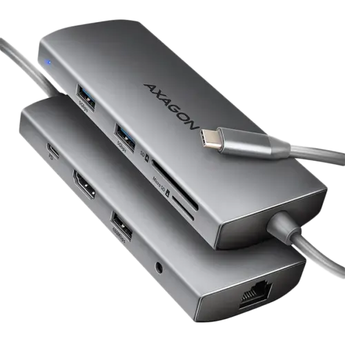 USB хъб AXAGON HMC-8HLSA USB-C 3.2 Gen 1 hub 3x USB-A + 4K/30Hz HDMI + SD/microSD GLAN Audio PD 100W 20cm USB-C