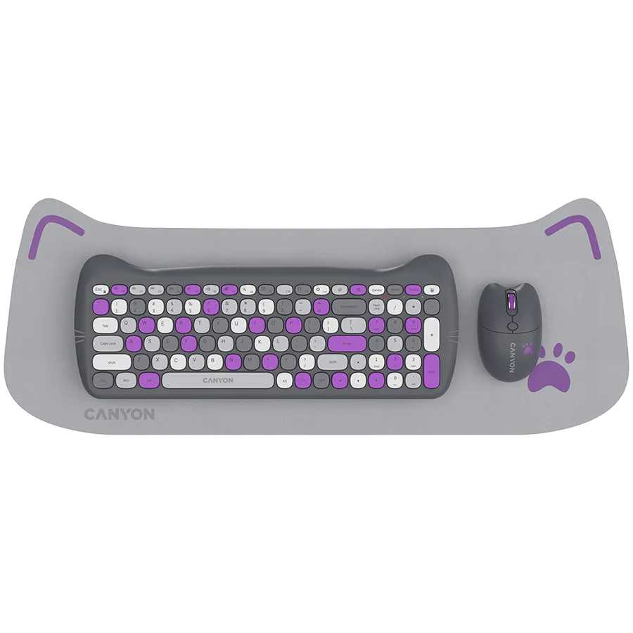 Клавиатура CANYON HSET-W6 EN Keyboard+Mouse Kitty Edition AAA+АА Wireless Violet