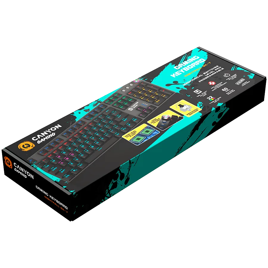 Геймърска клавиатура CANYON Nightfall GK-7, Wired Gaming Keyboard,Black 104 mechanical switches,60 million times key life, 22 types of lights,Removable magnetic wrist rest,4 Multifunctional control knob,Trigger actuation 1.5mm,1.6m Braided cable,US l - Image 21