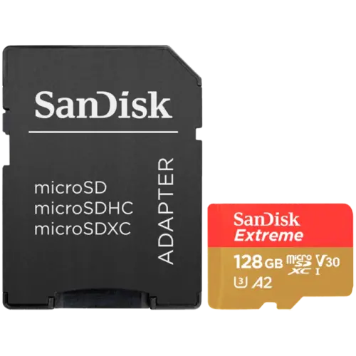 Карта памет SanDisk Extreme microSDXC 128GB + SD Adapter + 1 year RescuePRO Deluxe up to 190MB/s & 90MB/s Read/Write spe