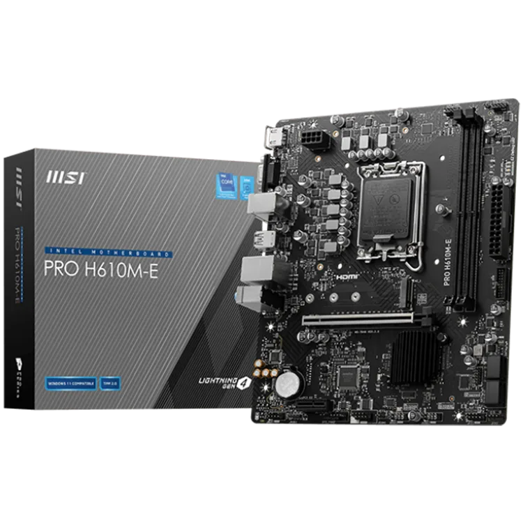 Дънна платка MSI PRO H610M-E mATX LGA 1700 Dual Channel DDR5 5600+MHz 1x PCIe x16 slot 1x M.2 slot 1x HDMI 1x VGA 2x USB