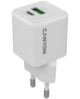 Зарядно за мобилен телефон CANYON charger CU20AC GaN 20W 1xPD 1xQC EU White
