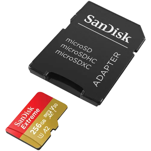 Карта памет SanDisk Extreme microSDXC 256GB + SD Adapter + 1 year RescuePRO Deluxe up to 190MB/s & 130MB/s Read/Write sp