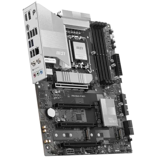 Alternative view of Дънна платка MSI PRO B860-P WIFI, ATX, LGA 1851, 4x DDR5 Dual Channel DDR5 up to 8600(OC)MHz, 4x PCIe x16 slot, 3x M.2 slot, 4x USB 2.0, 2x USB 5Gbps, 2x USB 10Gbps, 1x USB 40Gbps Type-C, HDMI, DP, 7.1 HD Audio, 5G LAN, WiFi, BT, 3Y