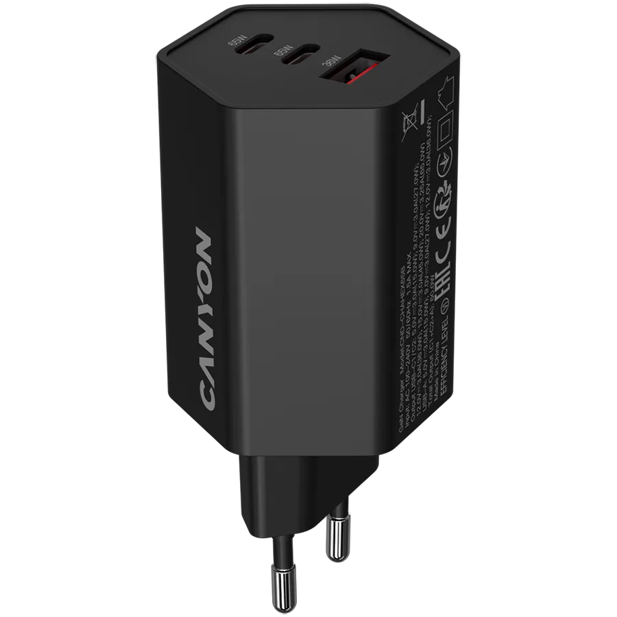 Зарядно за мобилен телефон CANYON charger HEXAGON 65 GaN 65W 2xPD 1xQC EU