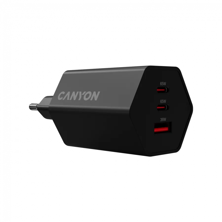 Зарядно за мобилен телефон CANYON charger HEXAGON 65 GaN 65W 2xPD 1xQC EU Black - Image 16