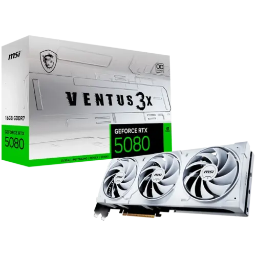 Видео карта MSI Video Card Nvidia GeForce RTX 5080 16G VENTUS 3X OC WHITE 16GB GDDR7 256bit Effective Memory Clock: 3000