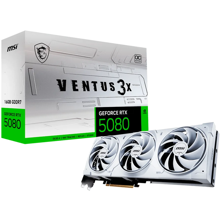 Видео карта MSI Video Card Nvidia GeForce RTX 5080 16G VENTUS 3X OC WHITE 16GB GDDR7 256bit Effective Memory Clock: 3000