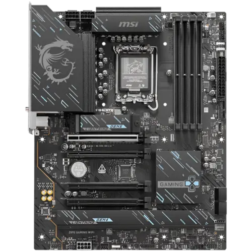 Alternative view of Дънна платка MSI Z890 GAMING WIFI, LGA 1851, Dual Channel DDR5 up to 8800(OC)MHz, 4x PCIe x16 slots, 3x M.2 slots, 6x USB 5Gbps A, 1x USB 20Gbps Type-C, 1x HDMI, 1x Type-C DP, 1x DP, 2.5Gbps LAN, Wi-Fi 7, 7.1 Audio, 3Y Warranty