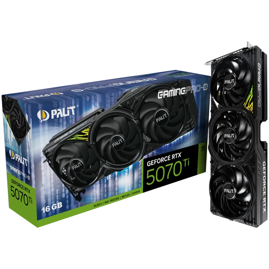 Видео карта PALIT GeForce RTX 5070 Ti GamingPro-S 16GB GDDR7 256 bit 1x HDMI 2.1b 3x DP 2.1b 3 Fan 1x 16-pin pwr connect