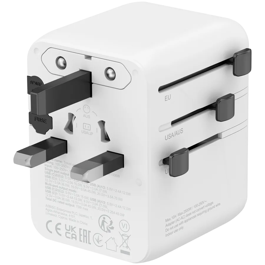 Зарядно за мобилен телефон CANYON Travel Adapter OnTour 70 EU/UK/US/AUS 70W White - Image 14