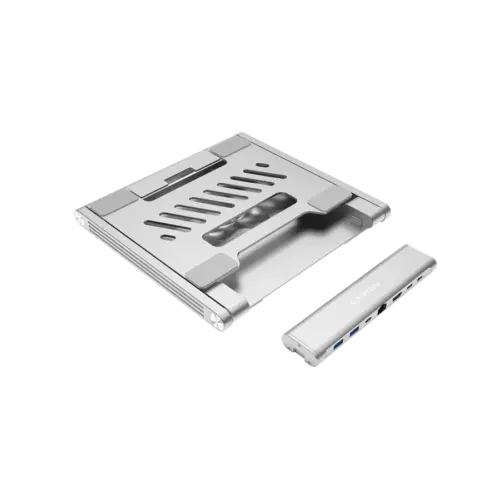 Alternative view of USB хъб Canyon Laptop stands with hub, TYPE C F to HDMI2.0+2USB3.0+USBC3.0+RJ45+PD, TYEP C TO C cable 1m white with Emarker: HUSB332A, Material: Aluminum case+ABS+PS, Size: 245x240x27.2+/-0.3mm, Weight:1304g