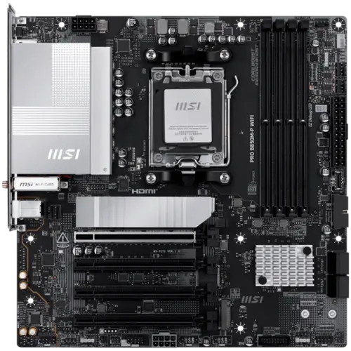 Alternative view of Дънна платка MSI PRO B850M-P WIFI, mATX, Socket AM5, 4x DDR5 Dual Channel DDR5 up to 8200(OC)MHz, 4x PCIe x16 slot, 3x M.2 slot, 4x USB 2.0, 2x USB 5Gbps, 1x USB 10Gbps, 1x USB 10Gbps Type-C, DP, 7.1 HD Audio, 5G LAN, WiFI 7, BT, 3Y