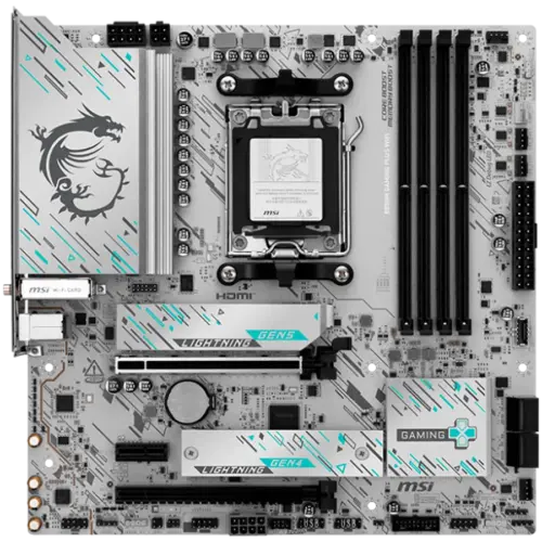 Alternative view of Дънна платка MSI B850M GAMING PLUS WIFI, mATX, Socket AM5, 4x DDR5 Dual Channel DDR5 up to 8200(OC)MHz, 2x PCIe x16 slot, 2x M.2 slot, 3x USB 5Gbps, 3x USB 10Gbps, 2x USB 10Gbps Type-C, HDMI, DP, 7.1 HD Audio, 5G LAN, WiFI 7, BT, 3Y
