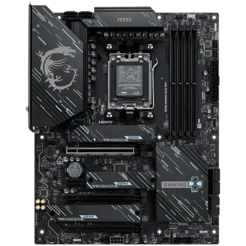 Alternative view of Дънна платка MSI X870E GAMING PLUS WIFI, ATX, Socket AM5, 4x DDR5 Dual Channel DDR5 up to 8200(OC)MHz, 3x PCIe x16 slot, 3x M.2 slot, 4x USB 2.0, 2x USB 5Gbps, 2x USB 10Gbps, 1x 20Gbps Type-C, 1x 40Gbps Type-C, HDMI, 7.1 HD Audio, 5G LAN, WiFI 7, BT,