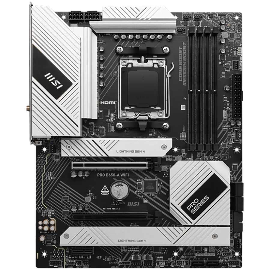 Дънна платка MSI PRO B650-A WIFI, ATX, Socket AM5, Dual Channel DDR5 7600+(OC)MHz, 2x PCIe x16 slot, 3x M.2 slots, 1x HDMI, 1x DP, 2xUSB 2.0, 4xUSB 5Gbps Type A, 3xUSB 10Gbps Type A, 1xUSB 20Gbps Type C, 7.1 HD Audio, 2.5Gbps LAN, Wi-Fi 6E, BT 5.3 - Image 5