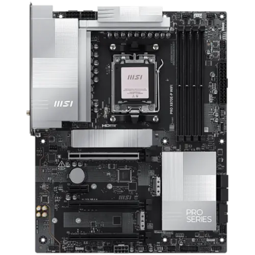 Alternative view of Дънна платка MSI PRO X870E-P WIFI, ATX, Socket AM5, 4x DDR5 Dual Channel DDR5 up to 8200(OC)MHz, 3x PCIe x16 slot, 3x M.2 slot, 4x USB 2.0, 2x USB 5Gbps, 2x USB 10Gbps, 1x 20Gbps Type-C, 1x 40Gbps Type-C, HDMI, 7.1 HD Audio, 5G LAN, WiFI 7, BT, 3Y