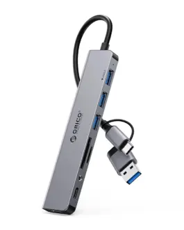 Докинг станция Orico YSA8-U3 USB-A/USB-C Hub 3xUSB-A 2.0 + 1x USB-A 3.0 + 1x USB-C 2.0 + 1x 3.5mm Audio + 2x TF&SD - сив