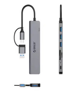 Alternative view of Докинг станция Orico YSA8-U3 USB-A/USB-C Hub 3xUSB-A 2.0 + 1x USB-A 3.0 + 1x USB-C 2.0 + 1x 3.5mm Audio + 2x TF&SD - сив