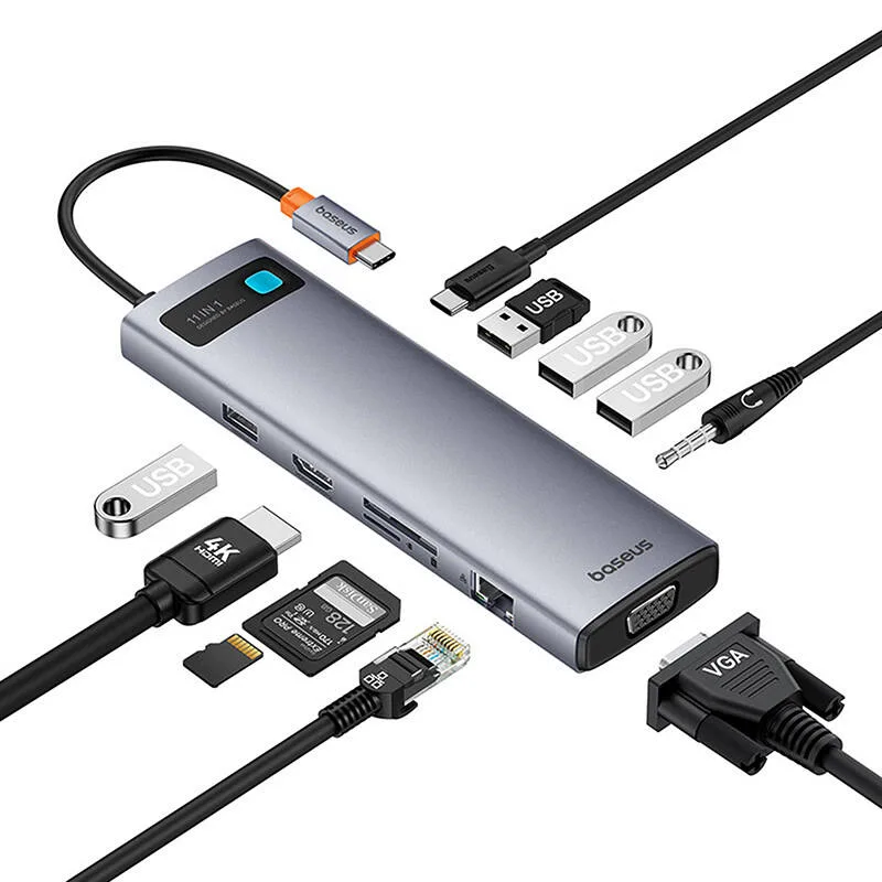 USB хъб Baseus 11 в 1 StarJoy Metal Glam Series Type-C към HDMI +VGA + 3 x USB 3.0 + USB 2.0+USB-C PD + RJ45 + SD/TF +3,5мм B00030709811-00 - тъмносив - Image 14