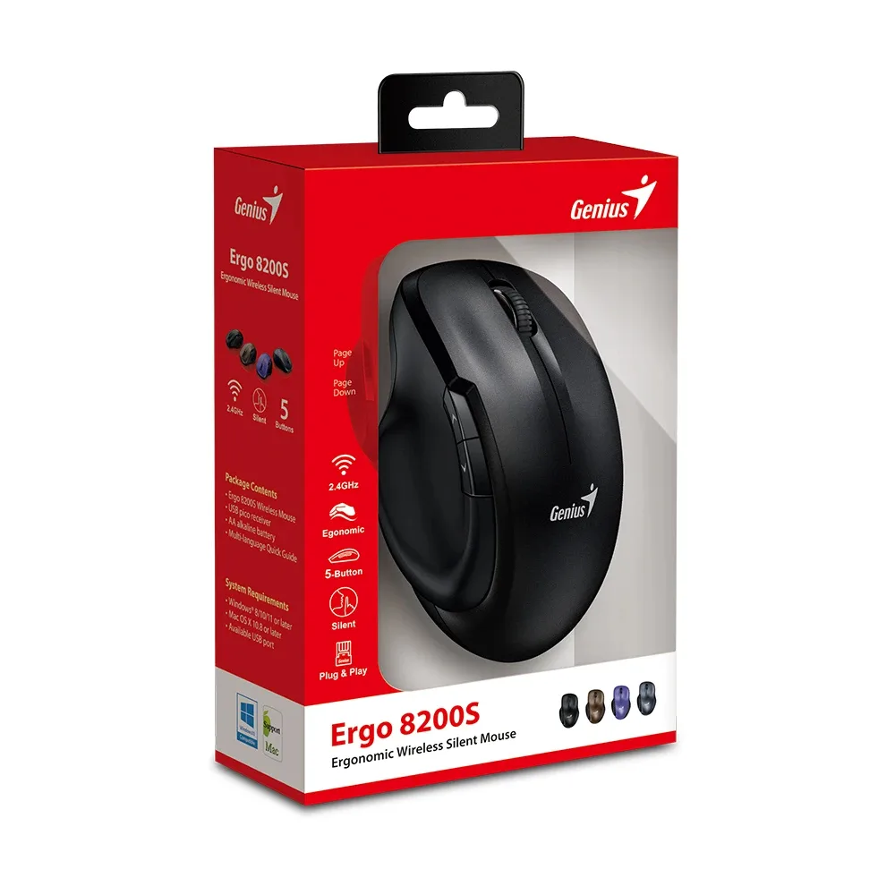 Genius безжина безшумна мишка Mouse Wireless Silent - Ergo 8200S Black - Silent, 2.4GHz - Image 246