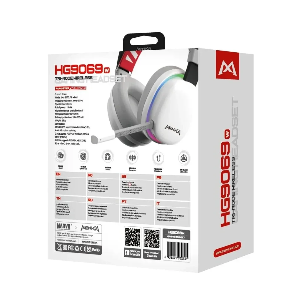 Marvo безжични геймърски слушалки Gaming Headphones Monka Echo RS - Bluetooth, 2.4G, RGB - MARVO-HG9070W - Image 188