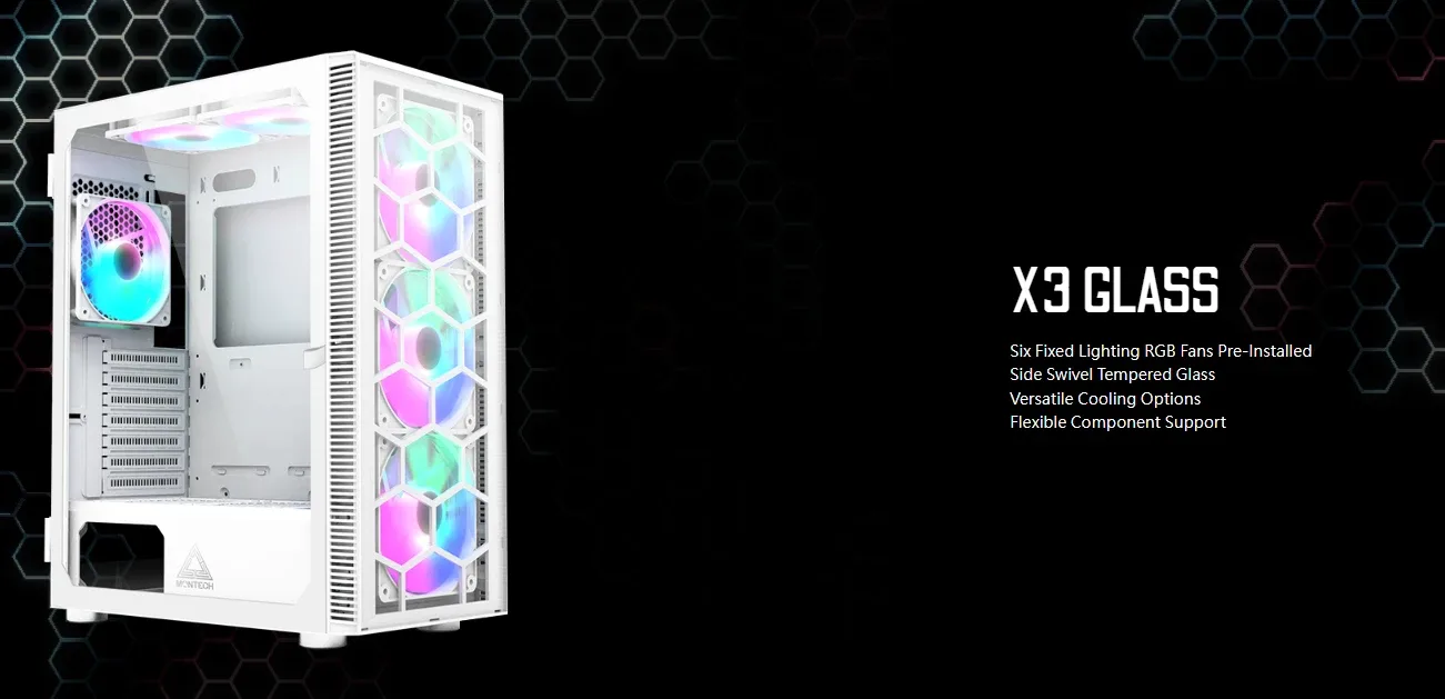 Montech кутия X3 GLASS, Mid-tower Case, TG, 6 fixed RGB Fans, White - Image 152