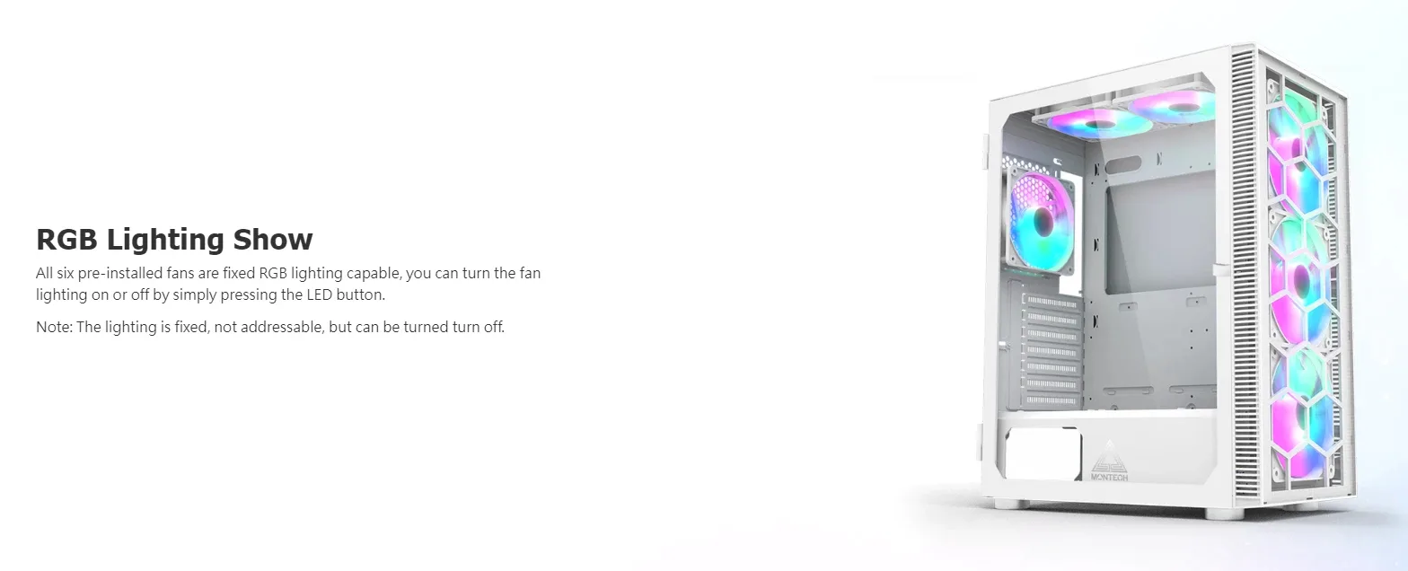 Montech кутия X3 GLASS, Mid-tower Case, TG, 6 fixed RGB Fans, White - Image 185