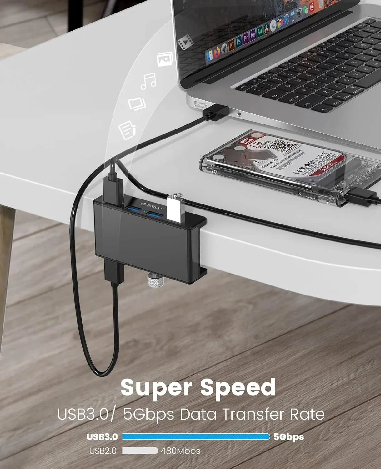 Orico хъб USB 3.0 HUB Clip Type 4 port, Black - MH4PU-BK - Image 240