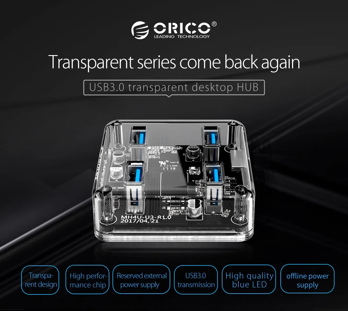 Orico хъб USB3.0 HUB 4 port transparent, 1m cable - MH4U-U3-10-CR - Image 216