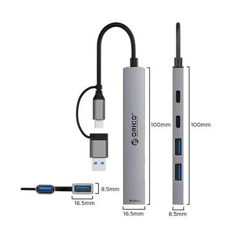 Orico хъб HUB USB-C 5 port - USB3.0 x 1, USB2.0 x 2, USB-C x 2, Aluminium - YSA4-U2-GY - Image 266