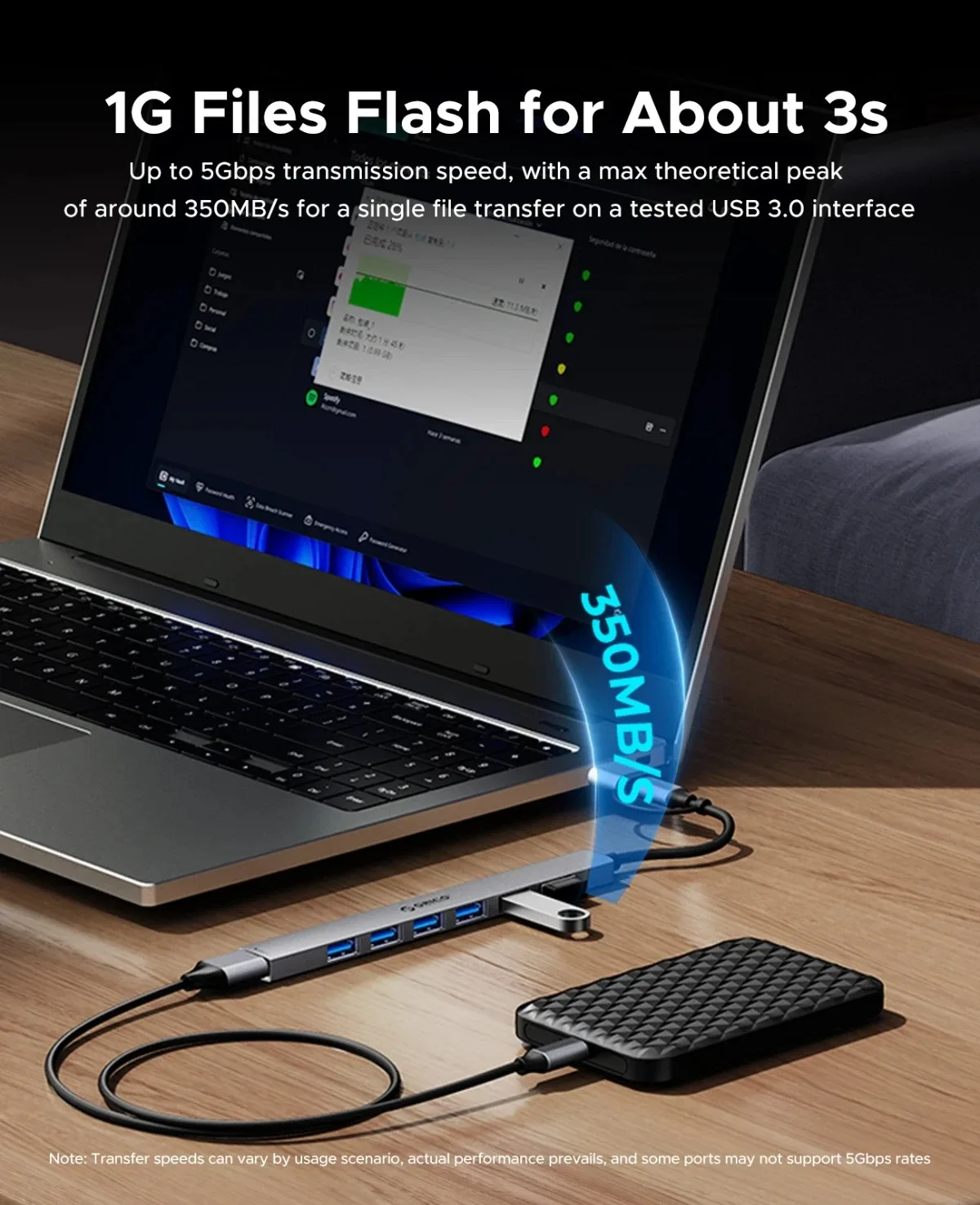 Orico хъб HUB USB-C 5 port - USB3.0 x 1, USB2.0 x 2, USB-C x 2, Aluminium - YSA4-U2-GY - Image 263