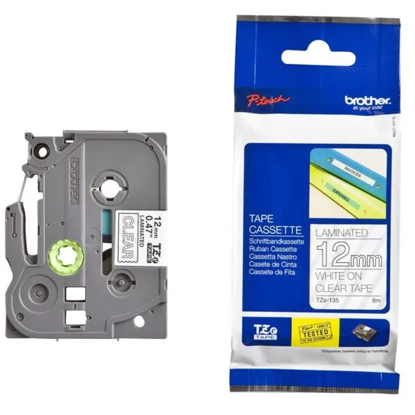 ЛЕНТА ЗА ЕТИКЕТНИ ПРИНТЕРИ BROTHER ТИП TZ - 12 mm x 800 m - WHITE ON CLEAR TAPE - PN TZE135