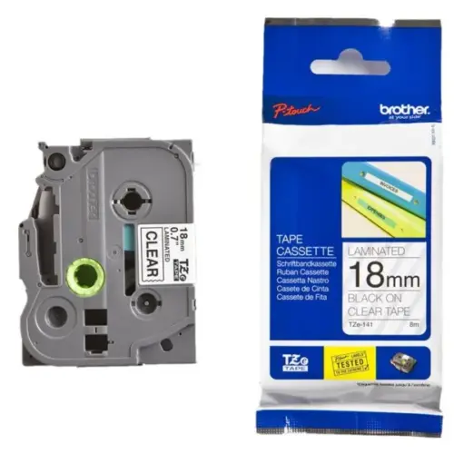 ЛЕНТА ЗА ЕТИКЕТНИ ПРИНТЕРИ BROTHER ТИП TZ - 18 mm x 800 m - BLACK ON CLEAR TAPE - PN TZE141