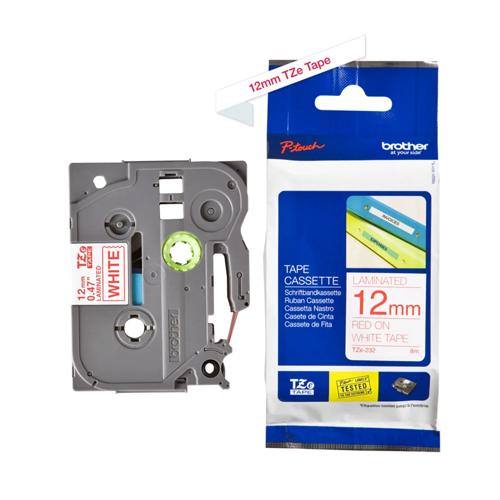 ЛЕНТА ЗА ЕТИКЕТНИ ПРИНТЕРИ BROTHER ТИП TZ - 12 mm x 800 m - RED ON WHITE TAPE - PN TZE-232