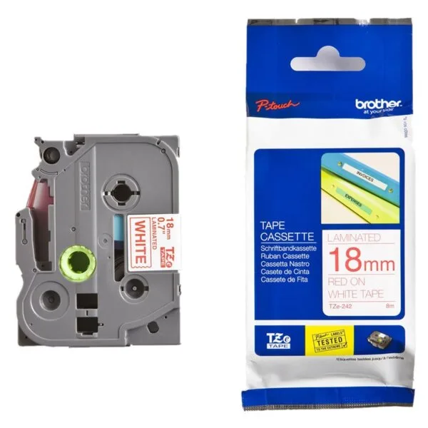 ЛЕНТА ЗА ЕТИКЕТНИ ПРИНТЕРИ BROTHER ТИП TZ - 18 mm x 800 m - RED ON WHITE TAPE - PN TZE242