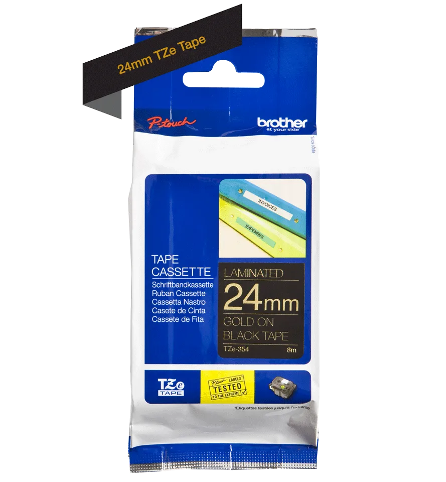 ЛЕНТА ЗА ЕТИКЕТНИ ПРИНТЕРИ BROTHER ТИП TZ - 24 mm x 8 m - GOLD ON BLACK TAPE - PN TZE354