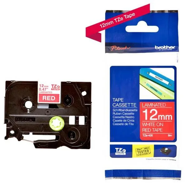 ЛЕНТА ЗА ЕТИКЕТНИ ПРИНТЕРИ BROTHER ТИП TZ - 12 mm x 80 m - WHITE ON RED TAPE - PN TZE435