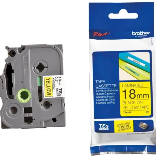 ЛЕНТА ЗА ЕТИКЕТНИ ПРИНТЕРИ BROTHER ТИП TZ - 18 mm x 800 m - BLACK ON WELLOW TAPE - PN TZE641