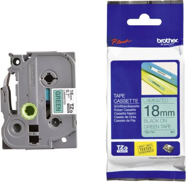 ЛЕНТА ЗА ЕТИКЕТНИ ПРИНТЕРИ BROTHER ТИП TZ - 18 mm x 800 m - BLACK ON GREEN TAPE - PN TZE741