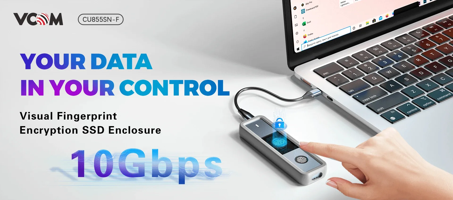 VCom външна кутия за диск Storage - Case - M.2 NVMe/SATA M/B key - USB-C/A Gen.2 10Gbps, Fingerprint Encryption - CU855SN-F - Image 160