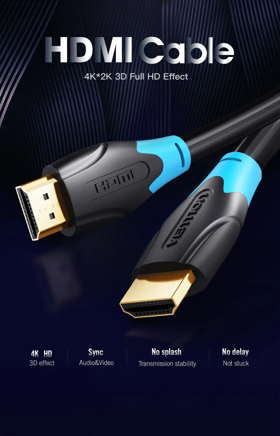 Vention Кабел HDMI v2.0 M / M 4K/60Hz Gold - 3M Black - AACBI - Image 14