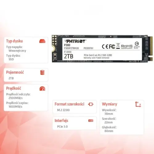 Patriot SSD 2TB P300 M.2 PCIe 2280 2100/1650